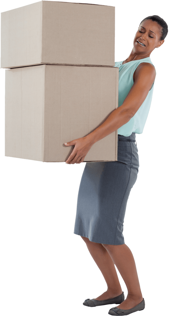 Businesswoman Struggling with Carrying Heavy Cardboard Boxes Against Transparent Background