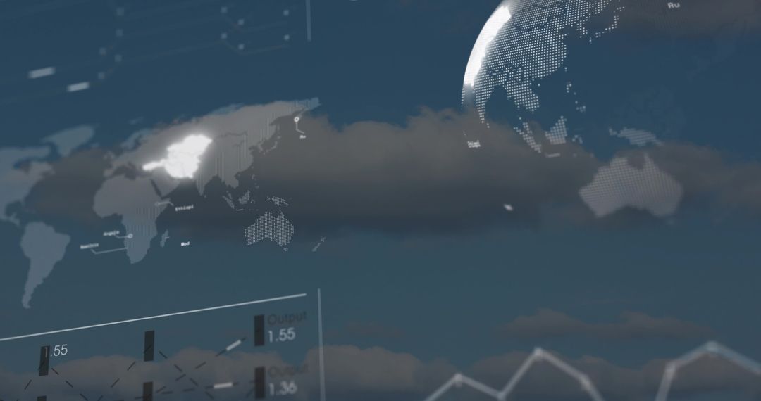 Futuristic global data visualization floating over cloudscape HUD analytics overlay