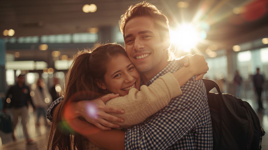 Smiling Young Couple Embracing at Airport Terminal Backlit by Warm Sunlight and Lens Flare