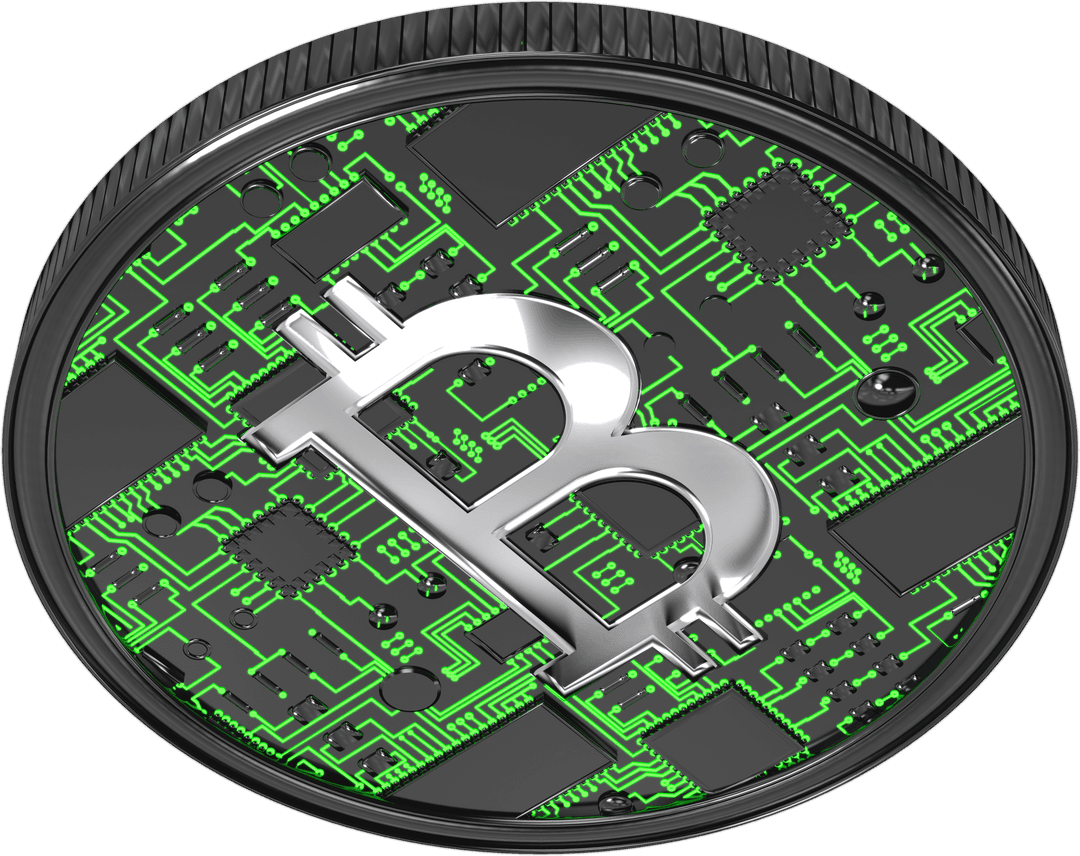 Transparent Digital Black Bitcoin Illustration on Circuit Background