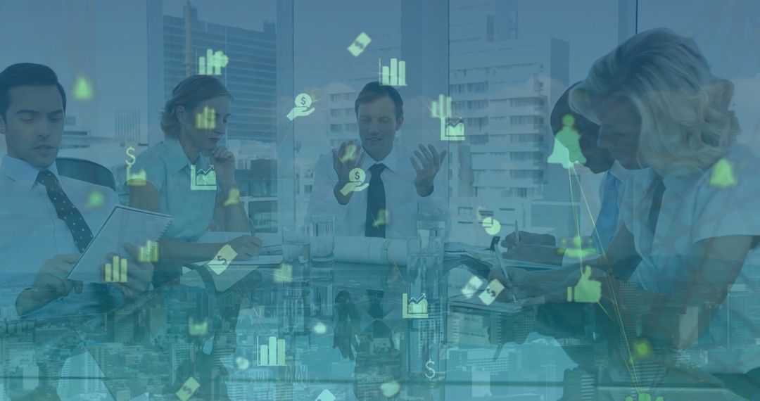 Diverse Business Team Discussing with Digital Network Overlay