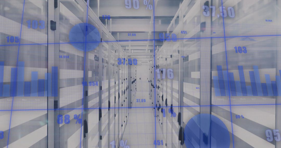 Futuristic Data Visualizations Over Modern Server Racks in Data Center
