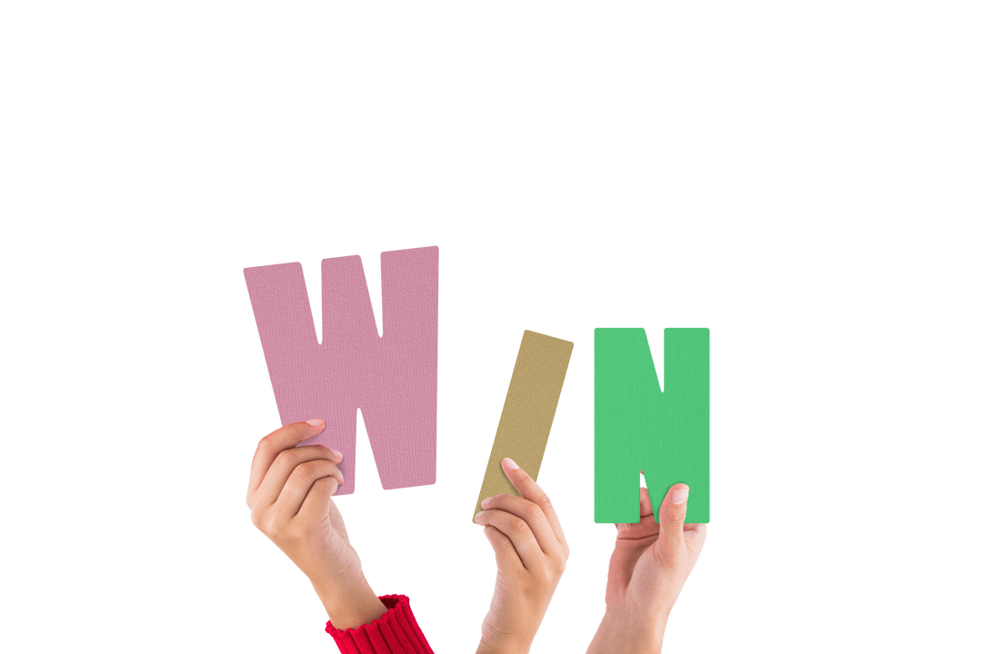 Hands Holding WIN Letters on Transparent Background