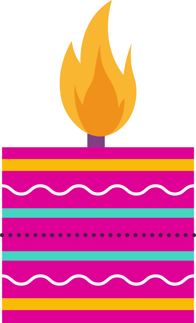 Flat Colorful Birthday Cake with Lit Candle on Transparent Background