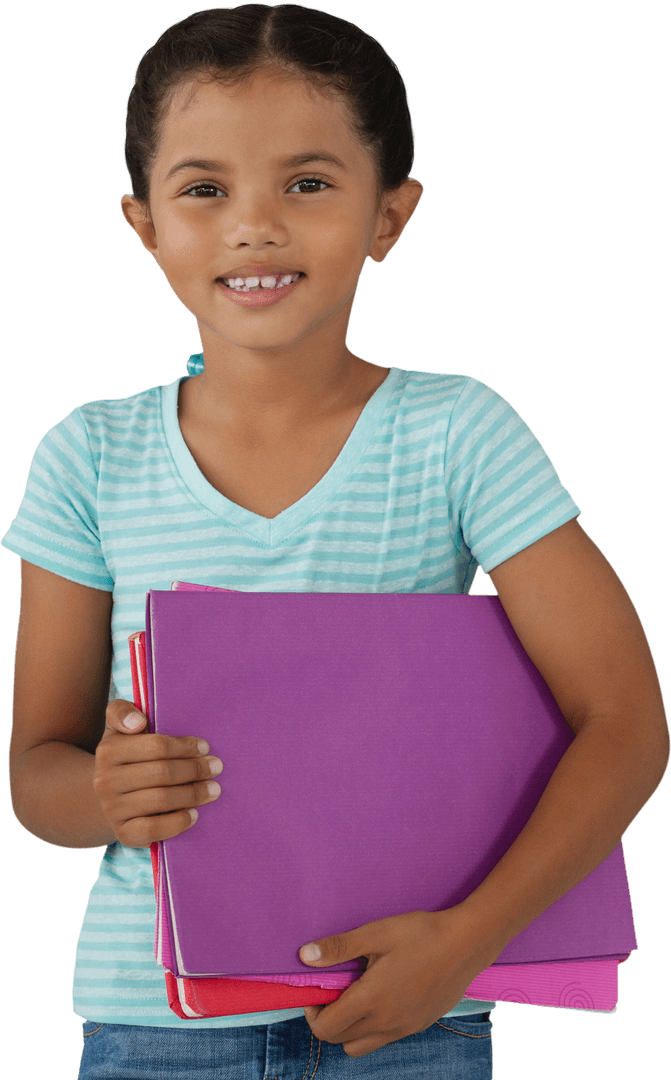Smiling Girl Holding Colorful Files on Transparent Background