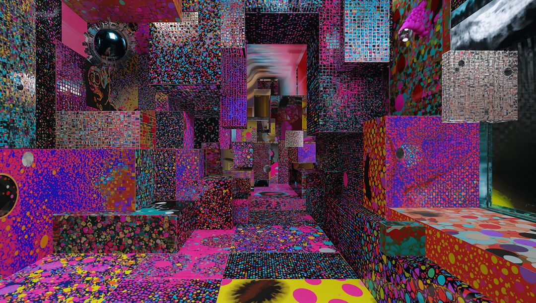 Tessellated Neon Cuboid Corridor Creating Kaleidoscopic Installation with Glossy Sphere