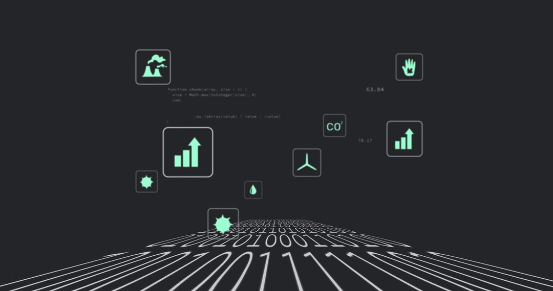 Binary Grid with Futuristic Data Icons and Indicators