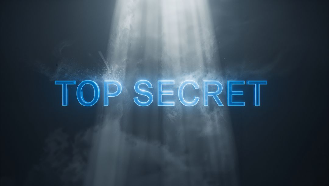 Glowing Neon TOP SECRET Typography Casting Dramatic Spotlight Beams Through Fog and Particles