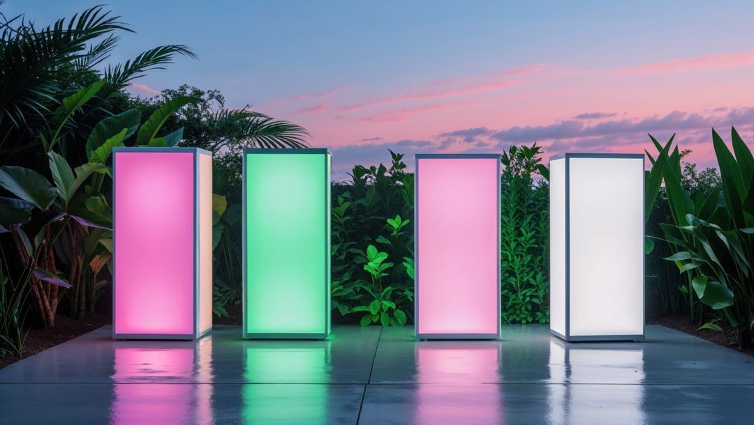Glowing Illuminated Pillars in Serene Garden at Sunset