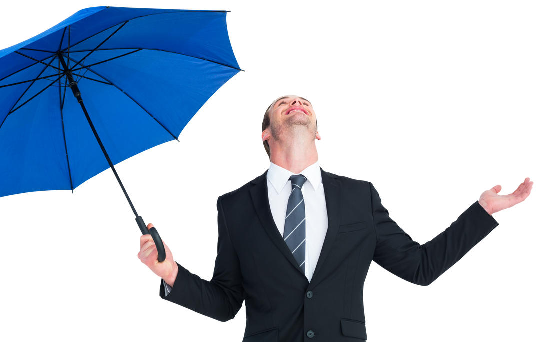 Transparent happy businessman holding blue umbrella and looking upwards - Download Free Stock Images Pikwizard.com