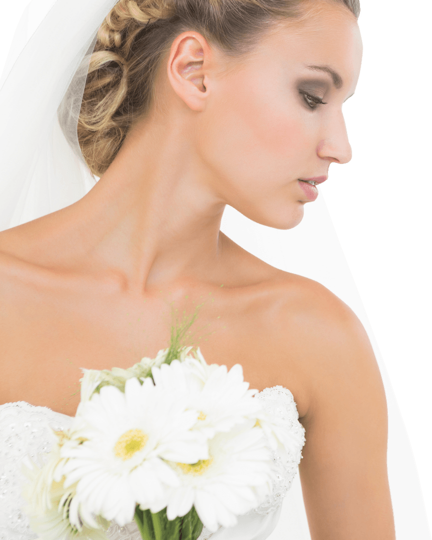 Thoughtful Bride Holding Bouquet with Transparent Overlay Effect