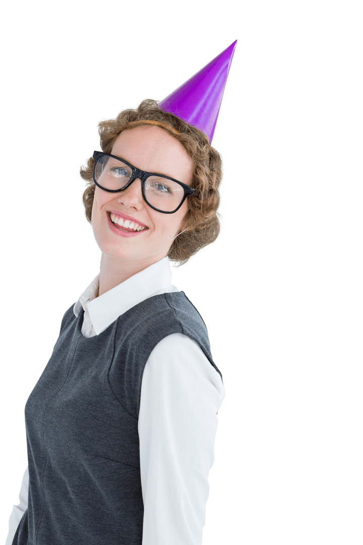 Smiling Woman with Glasses Wearing Purple Party Hat Transparent