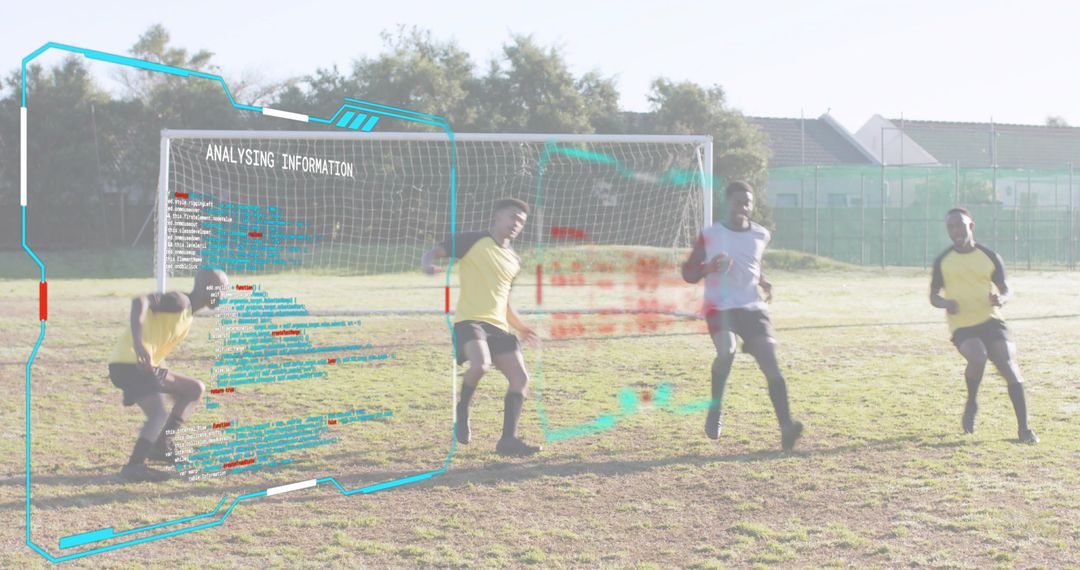 Soccer Players Analyzing Performance with Augmented Reality Analytics Overlay on Outdoor Pitch