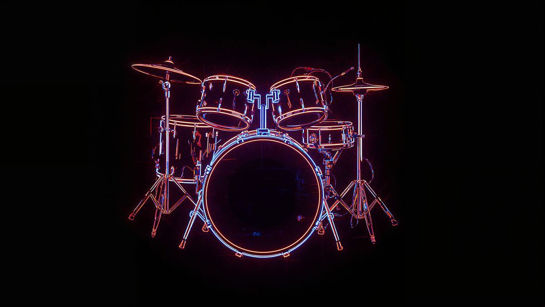 Neon Glowing Drums in Vibrant Studio Space