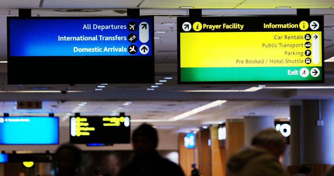 Guiding Signs at Busy Airport Terminal Offering Passenger Directions