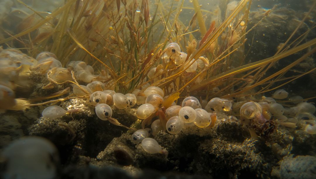 Translucent Egg Capsules Showing Developing Embryos Among Kelp and Rocky Seabed