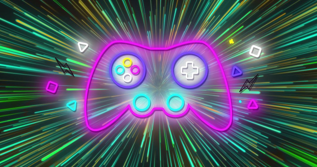 Neon Game Controller Amidst Explosive Light Streaks