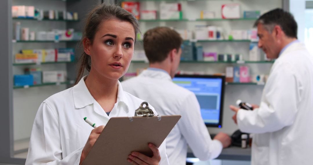 Confident Female Pharmacist Holding Clipboard in Pharmacy - Free Images, Stock Photos and Pictures on Pikwizard.com