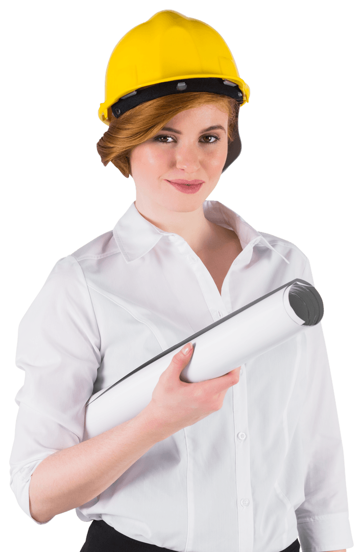 Confident Female Architect with Printed Plans Transparent