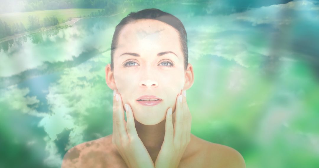 Serene Woman and Nature Fusion with Cloudy Landscape