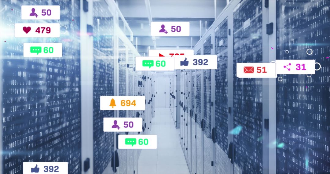 Social Media Icons Hover Over Digital Server Room