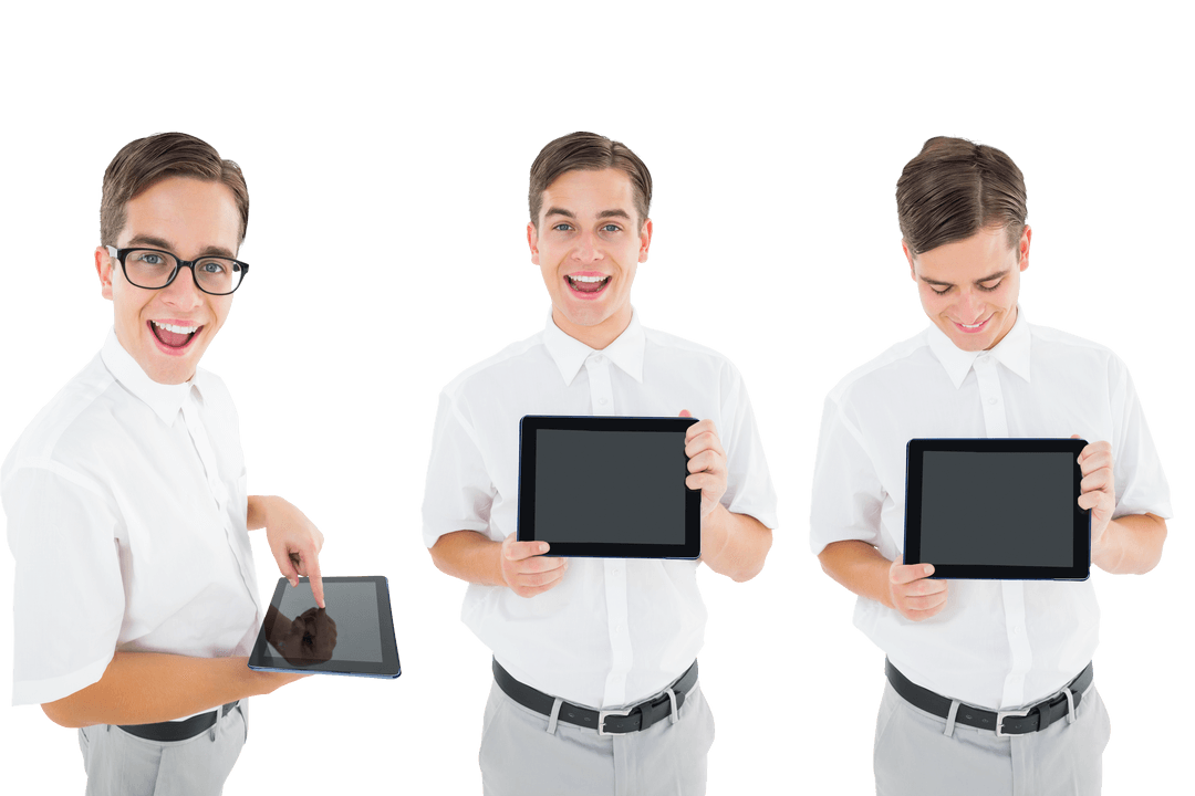 Transparent Smiling Young Man with Tablet Trio