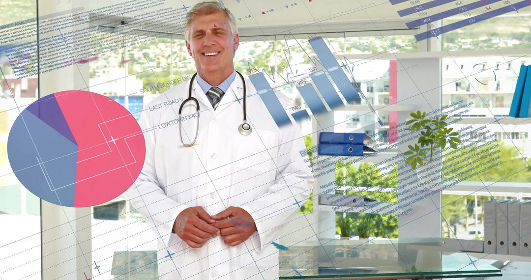 Smiling male doctor standing in clinic with stethoscope and healthcare data overlays