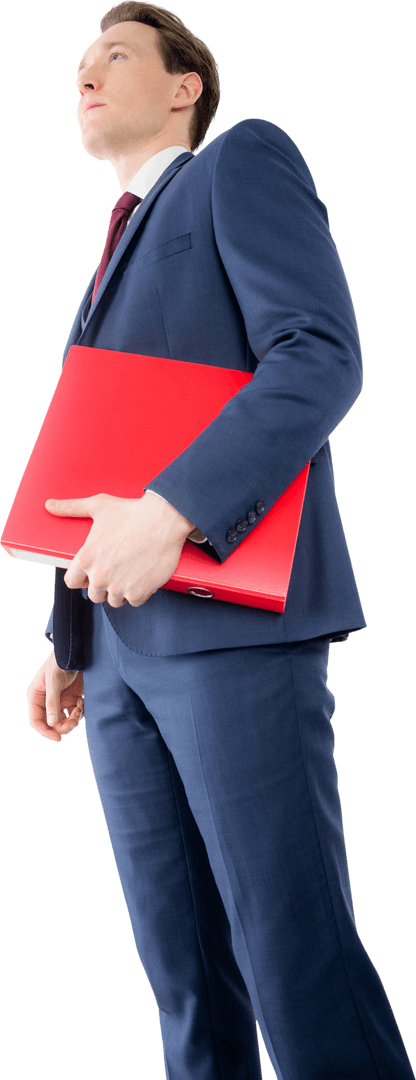 Transparent Businessman in Suit Holding Red File Folder