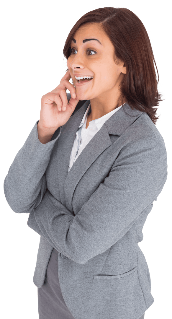 Transparent Excited Businesswoman in Thought Gesture