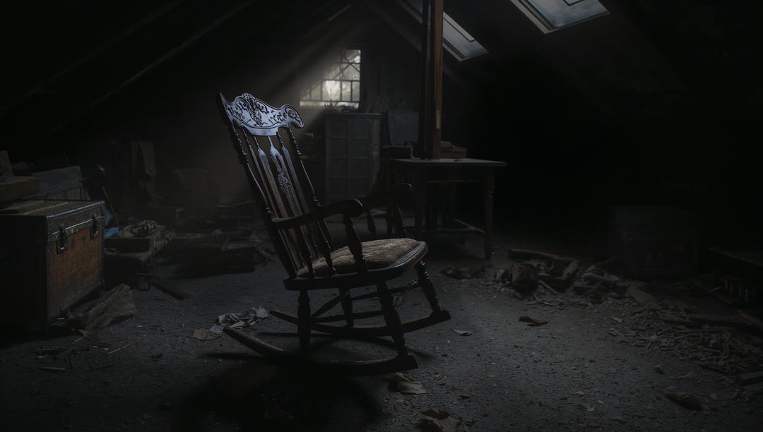 Ornate Rocking Chair in Dusty Attic with Sunlight