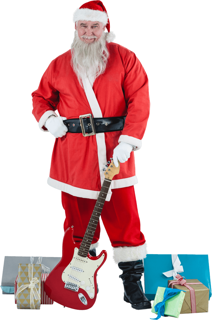 Jolly Santa Claus Holding Guitar and Gift Boxes on Transparent Background