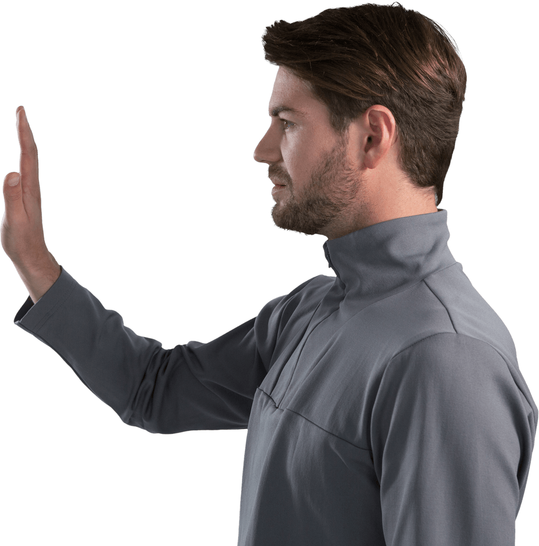 Transparent Man Gesturing Stop with Raised Hand