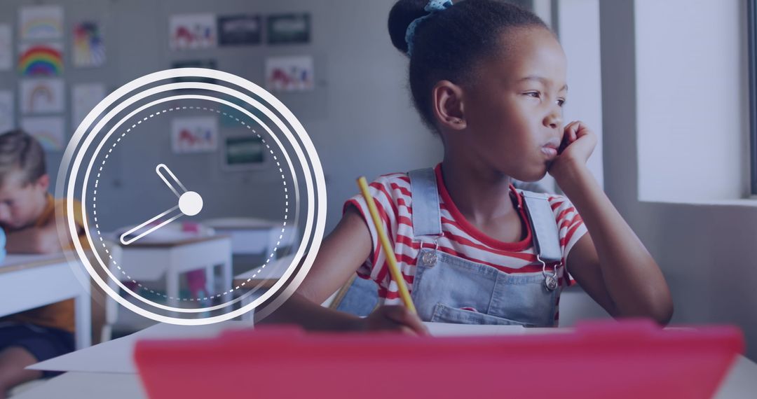 Bored Schoolgirl Sitting with Clock Overlay in Classroom