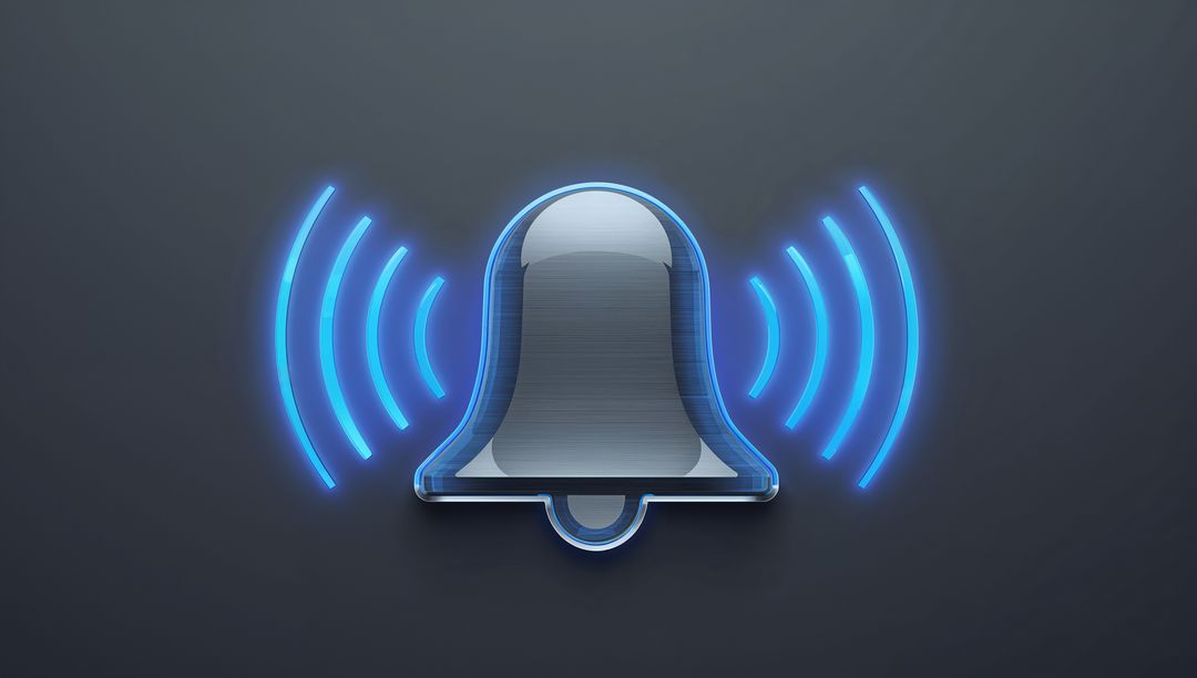 Glowing 3D metallic notification bell emitting neon-blue sound waves on dark-gray backdrop