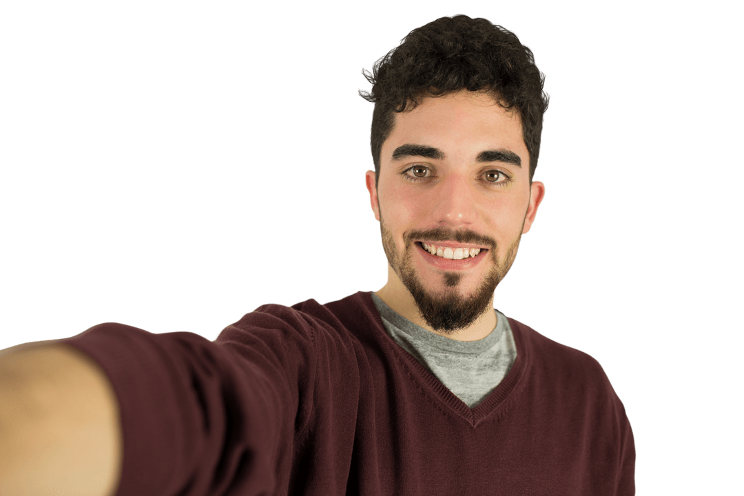 Young Man in Maroon Sweater Taking Transparent Selfie Portrait