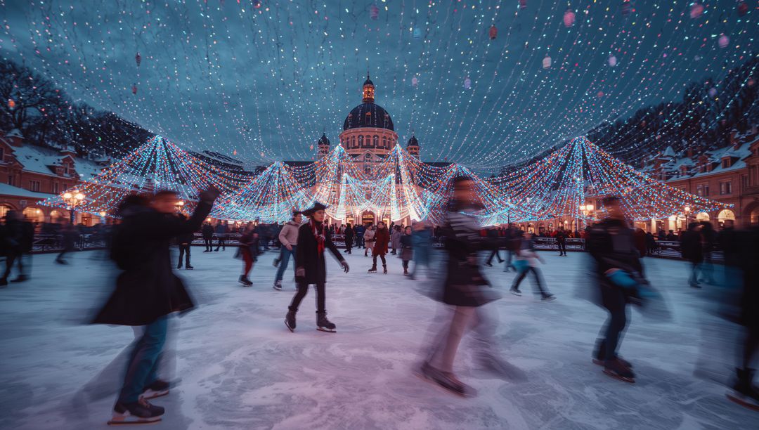 Festive Ice Skating Under Twinkling Lights in Urban Square