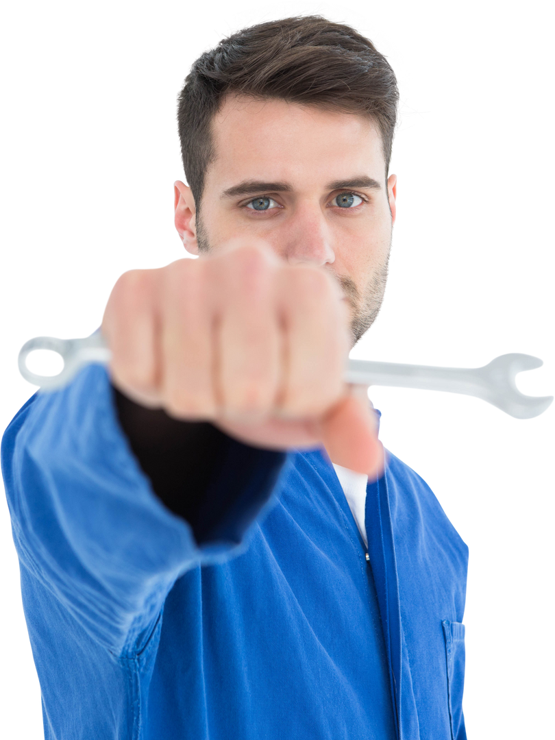 Transparent Confident Male Mechanic Holding Wrench in Blue Work Clothes - Download Free Stock Images Pikwizard.com