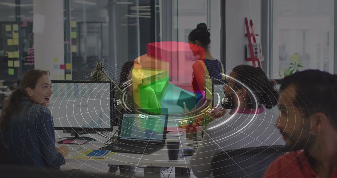 Diverse Team Analyzing Digital Data Graphics in Modern Office