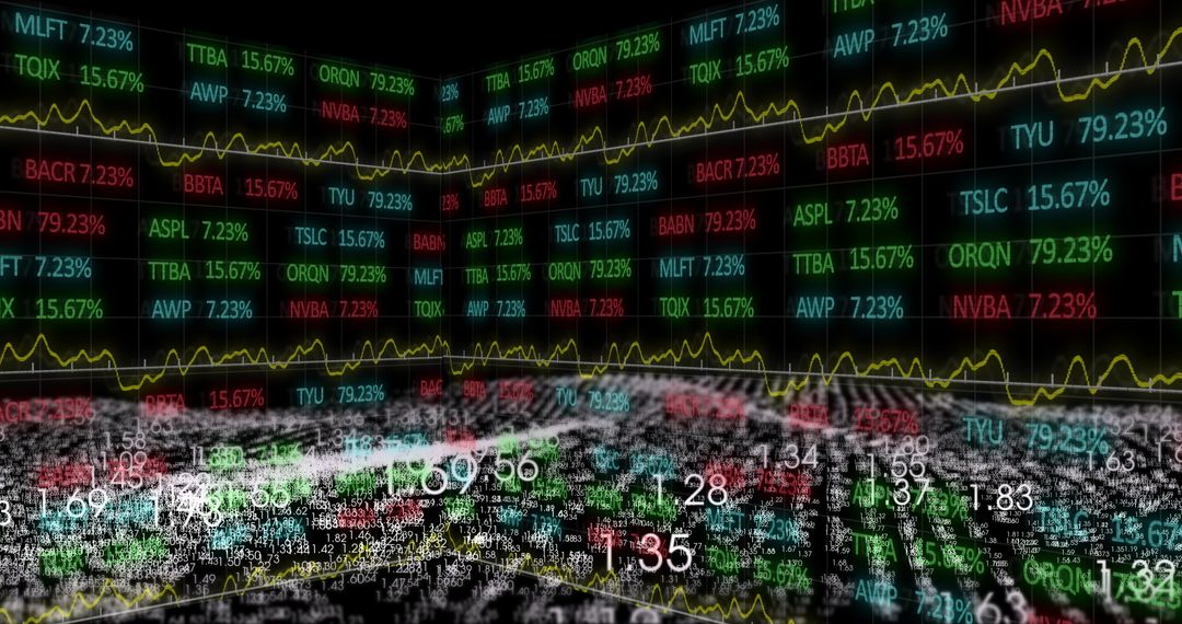 Futuristic Virtual Stock Market Ticker Display with Data Visualization