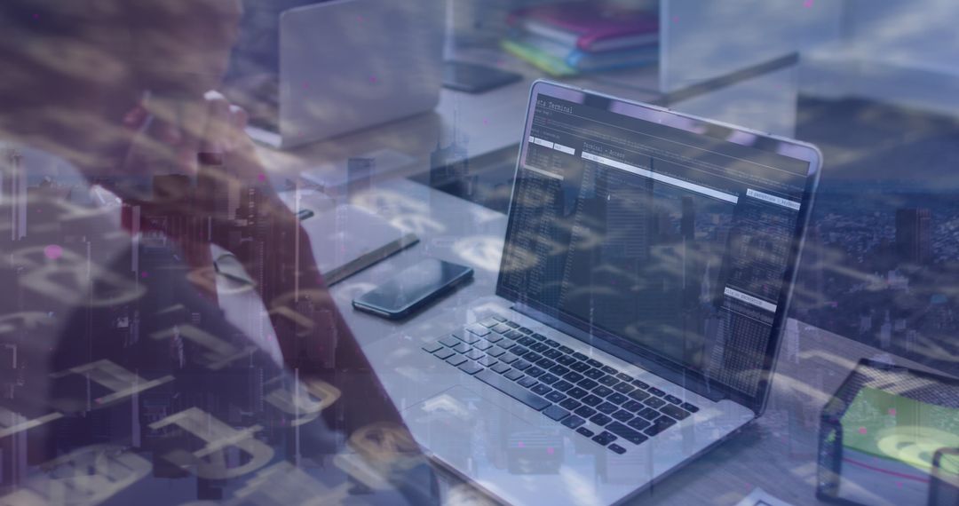 Data Analysis Overlay with Businesswoman at Laptop