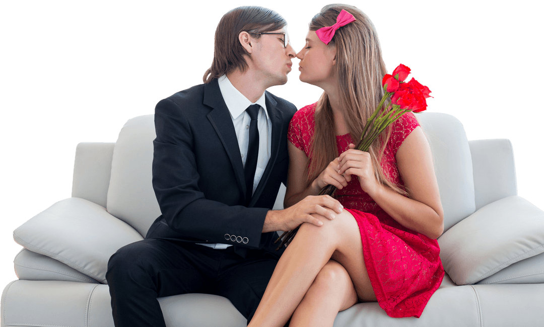 Transparent Geeky Couple Kissing Holding Flowers on Couch