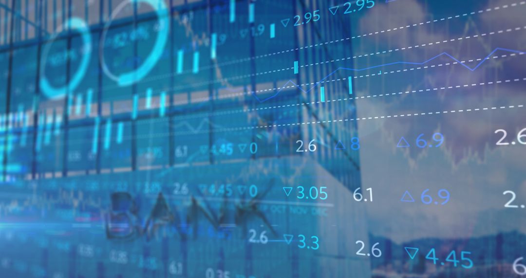 Digital Financial Data Display Over Modern Bank Building
