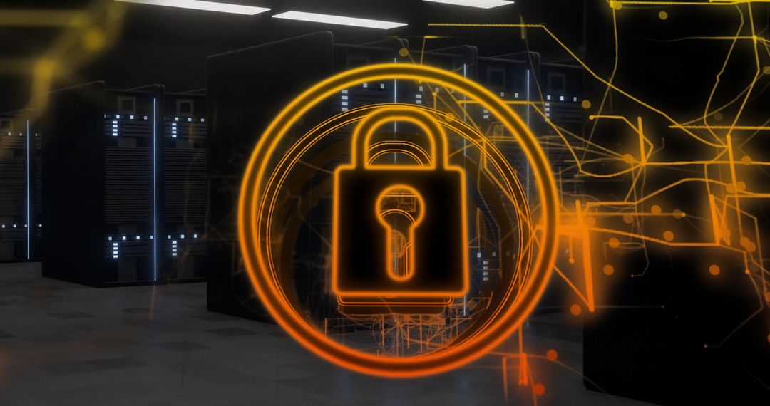 Cybersecurity Concept with Padlock and Data Center Servers