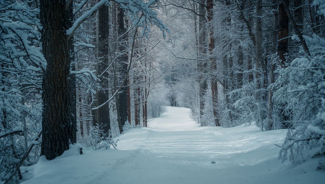 Snow-Covered Pathway Meandering Through Winter Forest