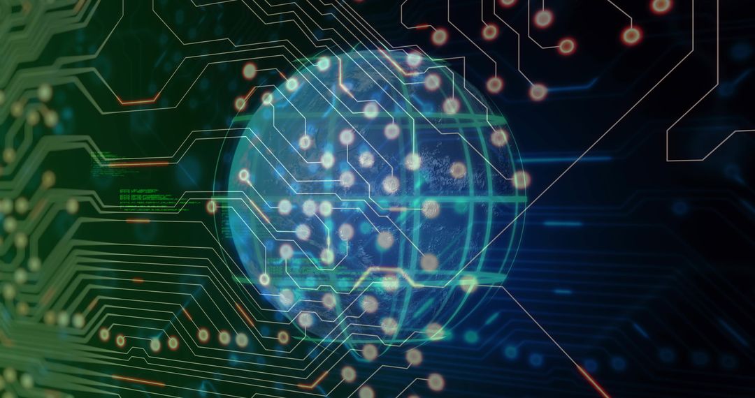 Holographic Digital Globe with Circuit Traces and Glowing Nodes Representing Global Network
