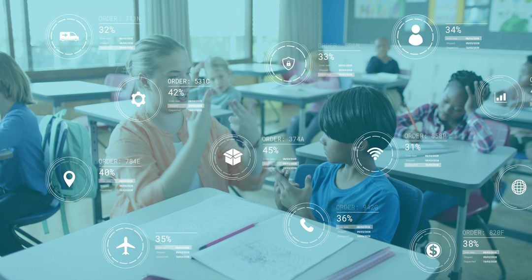 Elementary students collaborating with AR digital learning overlay in modern classroom