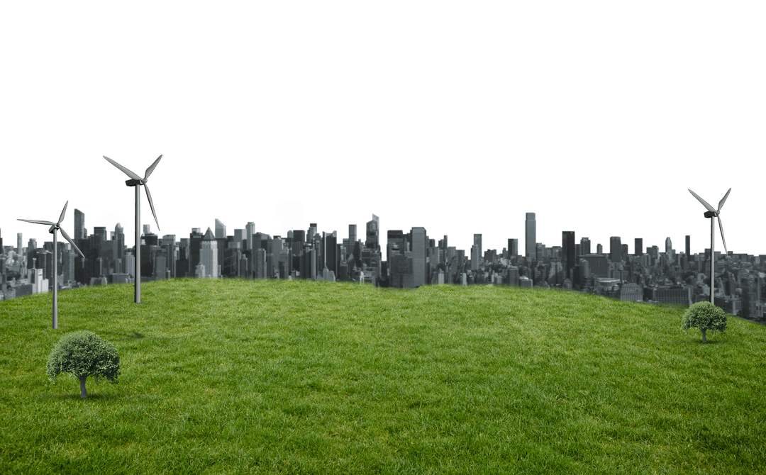 Eco-friendly City with Grass and Wind Turbines on Transparent Background