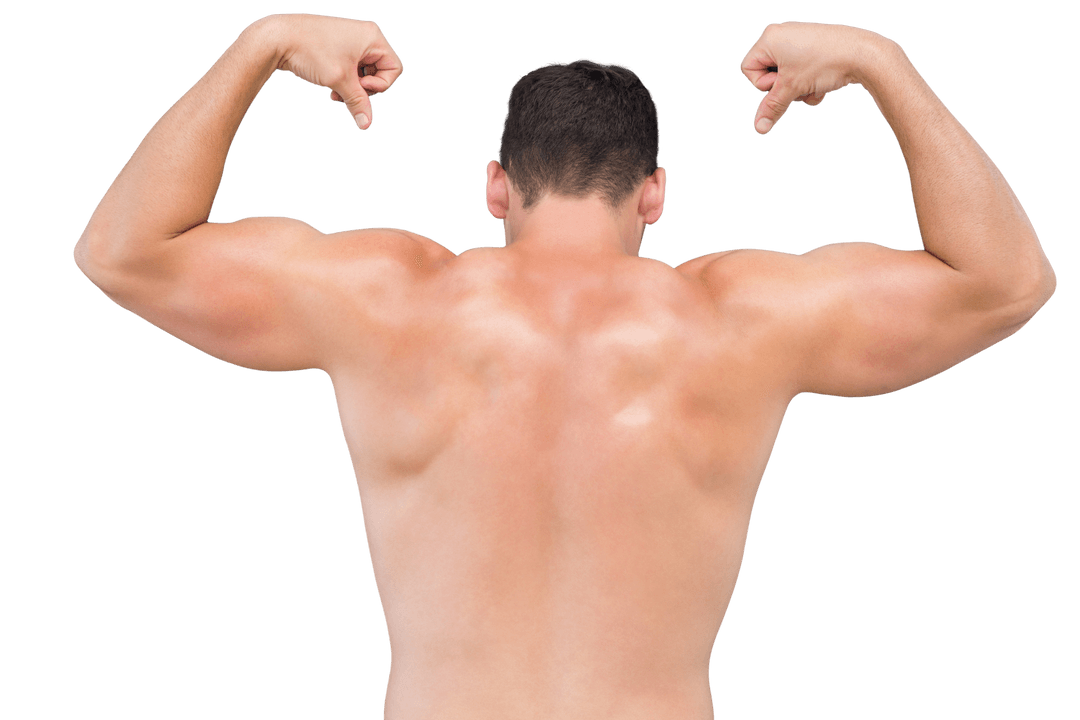 Shirtless Man Flexing Biceps on Transparent Background