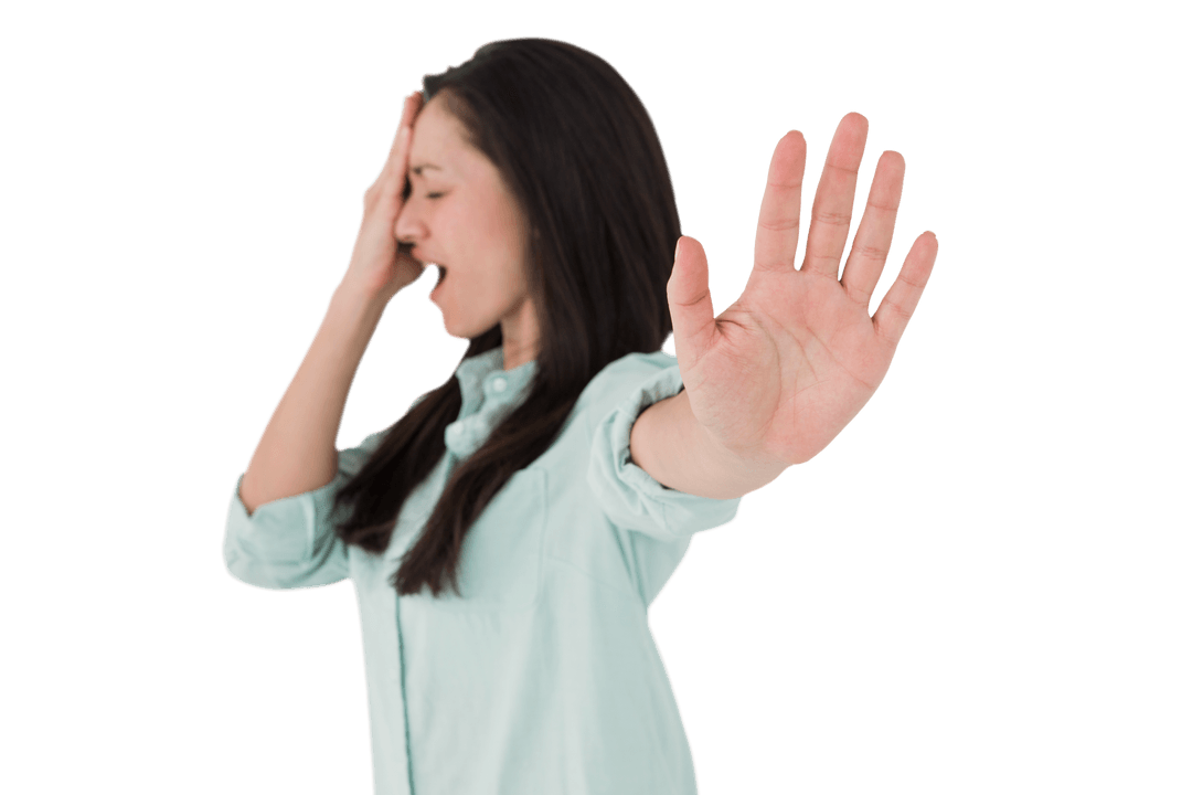 Irritated Woman with Transparent Positive Stop Gesture
