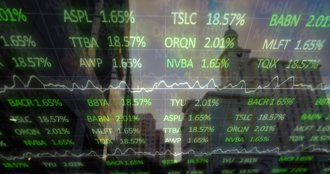 Digital Financial Data Displayed Over Modern Cityscape